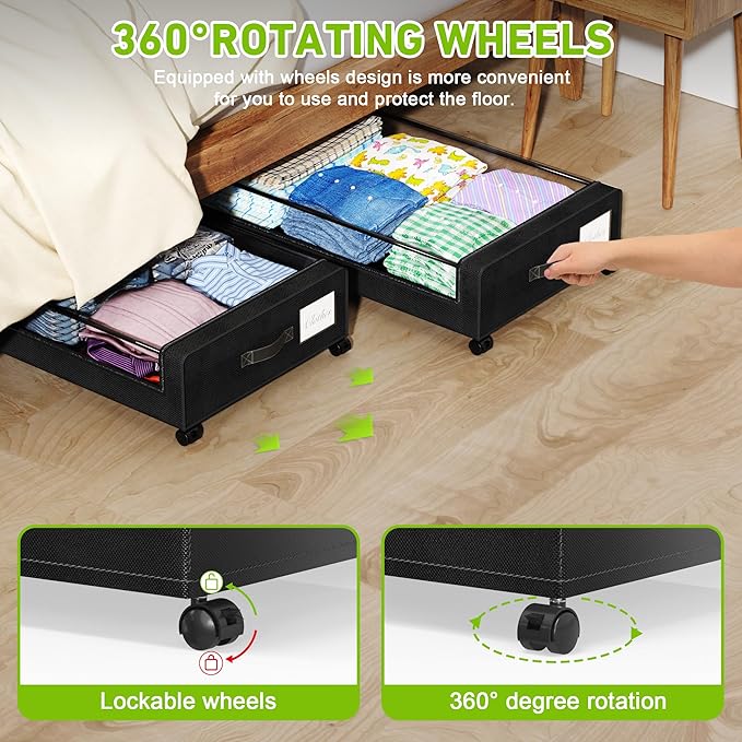 Tututry Under Bed Storage with Wheels, XXL 60L Under the Bed Storage Bins, Underbed Storage Containers with Lids & Label, Rolling Metal Drawer for Shoes, Clothes, Books, Toys (4-Pack Black)