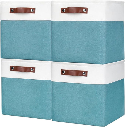 Collapsible Fabric Storage Cubes 11x11 Cube Storage Bins, Teal&White