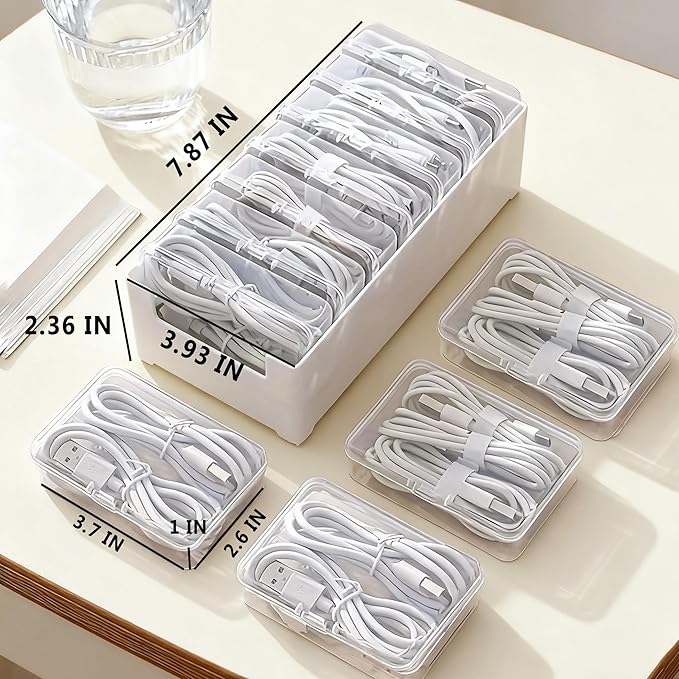 RayHenry Cable Organizer Box with 7 Clear Switch Case, Desktop Charger Cord Storage Organizer Box for Home Office Desk Accessories Wire Organization Stationery Supplies (white)