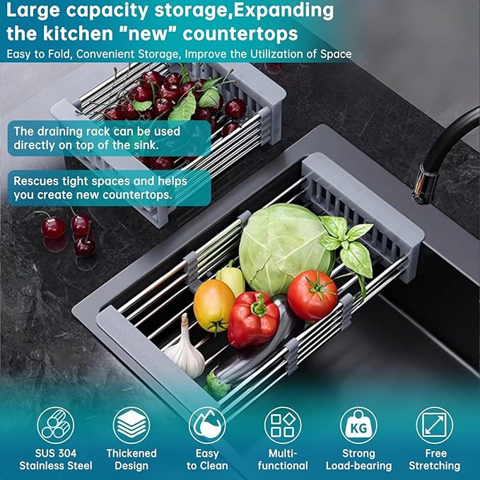 Dish Drying Rack, Over The Sink Dish Drying Rack, Stainless Steel Dish Drainer with Adjustable Arms Holder Functional Kitchen Sink Organizer for Vegetable and Fruit
