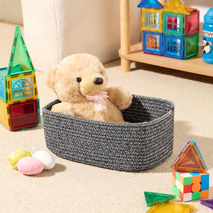 MiniArk Small Storage Baskets for Organizing | Closet Organizer Bins | Shelf Toy Basket | Woven Rope Baskets | Cube Decorative Box | Shallow Basket | 11.5x7.5x4.7” | 4 Packs Dark Gray
