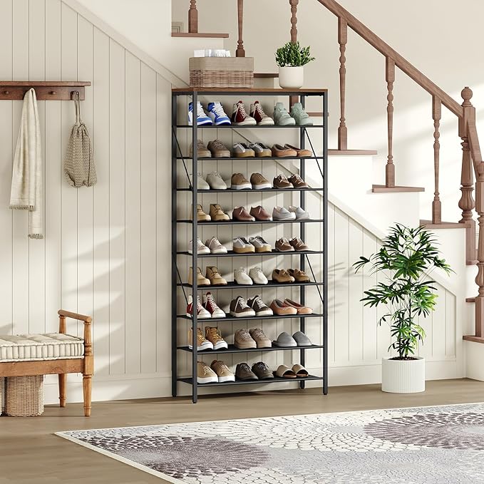 MAHANCRIS 10 Tier Shoe Rack Organizer for Closet, Holds 36-40 Pairs, Tall Metal Shoe Storage Shelf for Entryway Bedroom, Sturdy Freestanding Shoe Rack Space Saving, Large Capacity, Rustic Brown