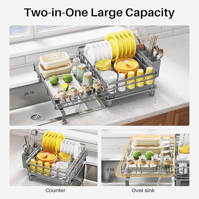 Dish Drying Rack, Extendable Dish Rack, Grey
