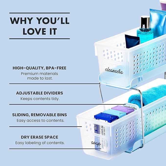 madesmart 2 Tier Bath Organizer, Under Cabinet Storage with Sliding Drawers, for Cleaning Supplies, Pantry, Sponges, Bottles & Kitchen Essentials, Adjustable Dividers & Pull Out Sliding Baskets, Blue