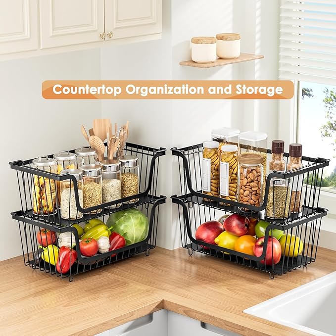 4 Pcs Stackable Wire Baskets for Pantry Organizers and Storage