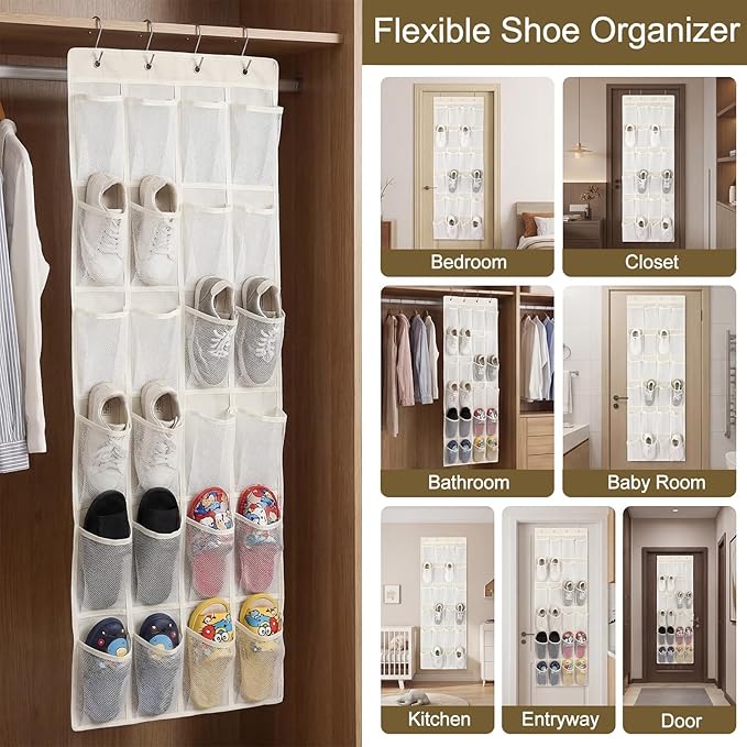 Over the Door Shoe Organizer Cotton Material 24 Large Breathable Mesh Pockets