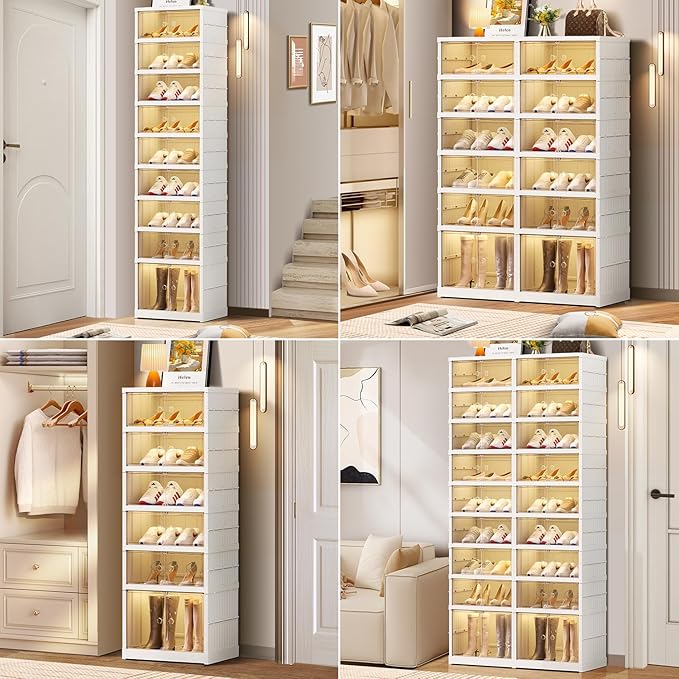 CIMLORD 6-Tier Foldable Shoe Rack Organizer for Closet 24Pairs Plastic Shoe Shelf Collapsible Shoes Storage Box Clear Shoe Boxes Stackable with Door Easy Assembly Shoe Cabinet with Lids Large