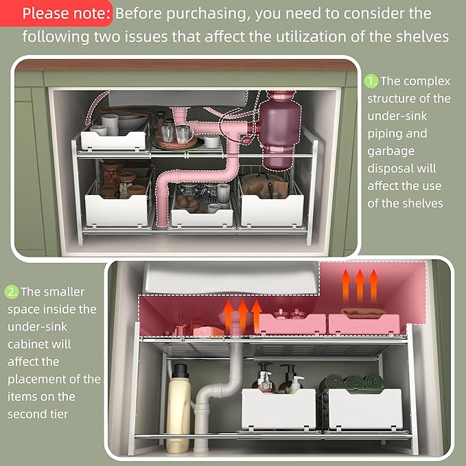NETEL NETELAdjustable Under Sink Organizers and Storage, 2 Tier Expandable Pull Out Under Sink Organizers and Storage, 4 Pull-Out Metal Baskets, (21.5-31.64)" W X 14.69" D X 15.83" H