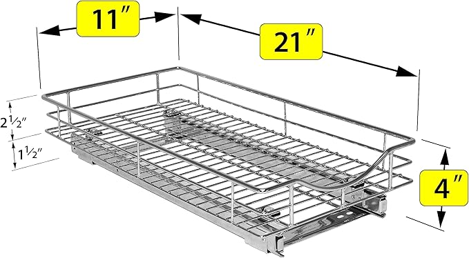 LYNK PROFESSIONAL® Pull Out Cabinet Organizer, 11" x 21" Slide Out Cabinet Organizer Pull Out Drawer – Pull Out Shelves for Kitchen Cabinets – Under Sink Organizers - Lifetime Ltd. Warranty, Chrome
