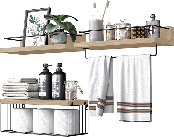 PopiShelves Bathroom Shelves Over Toilet for Wall, Floating Shelves with Storage Basket Paper Holer for Kitchen Living Room, Bedroom & Classroom, Set of 3 (Nature Wood)