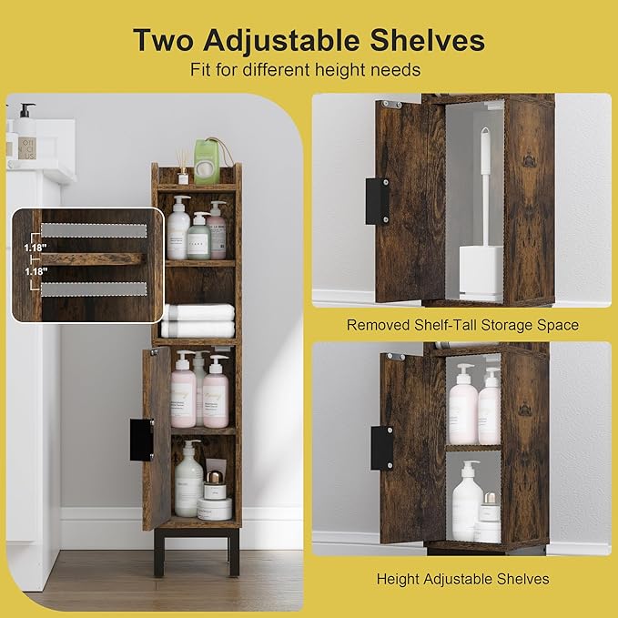 FerniTry Small Bathroom Storage Cabinet, Corner Floor Narrow Toilet Paper Cabinet with Door and Shelves,Bathroom Organizer with Adjustable Shelf, for Small Spaces (Rustic Brown)