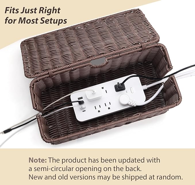 Large Cable Management Box, Handwoven Imitation Rattan Cord Organizer Cord Hider Box, Desk Cord Management Box to Hide Cords and Power Strips, 13.5" L x 6.2" W x 6" H, Dark Brown