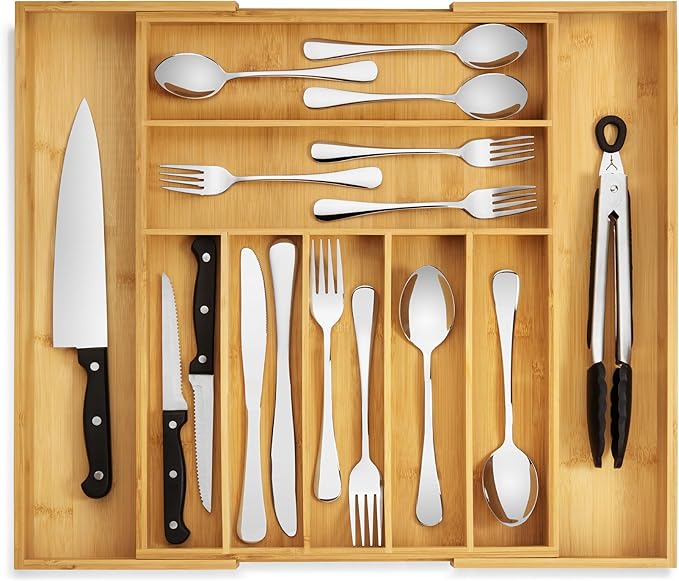 Purawood Bamboo Drawer Organizer - Expandable Silverware Organizer & Utensil Drawer Organizer, Cutlery Tray with Dividers, 7-9 Slots- Kitchen Organizer for Utensils & Flatware (Natural)