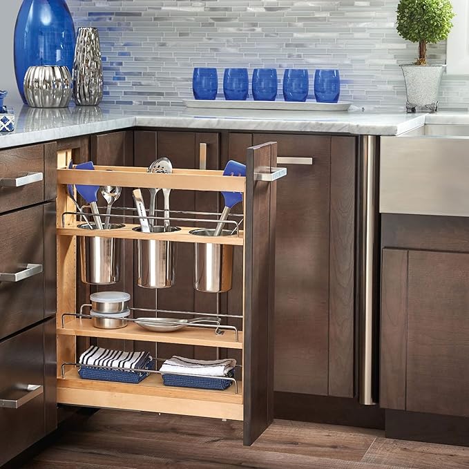 Rev-A-Shelf Maple Pullout Utensil Organizer with 3 Bins & BLUM Soft-Close for Full-Height Base Cabinets, Full Extension Slides, Adjustable Shelves, Min Opening Width of 5.5", 448UT-BCSC-5C