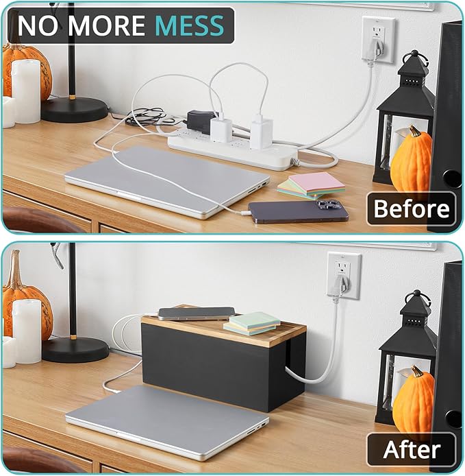 Cable Management Box Medium, Wooden Cord Organizer Box for Desk, Floor