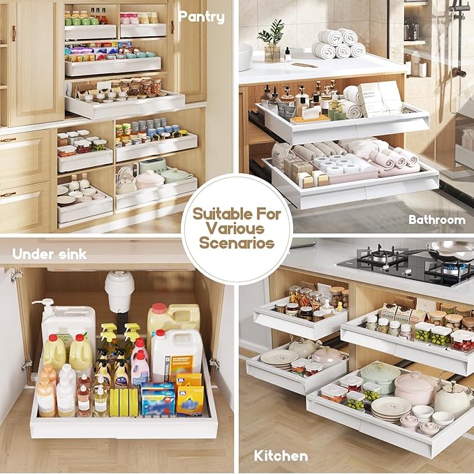 Seinloes Pull Out Cabinet Organizer, 4-Side Expandable to Fit Most Cabinets, 3 Rail Slide Out Drawers with Raising Pad for Framed & Frameless Cabinets, 13"-21" W x 13"-17" D, White, 2 Pack