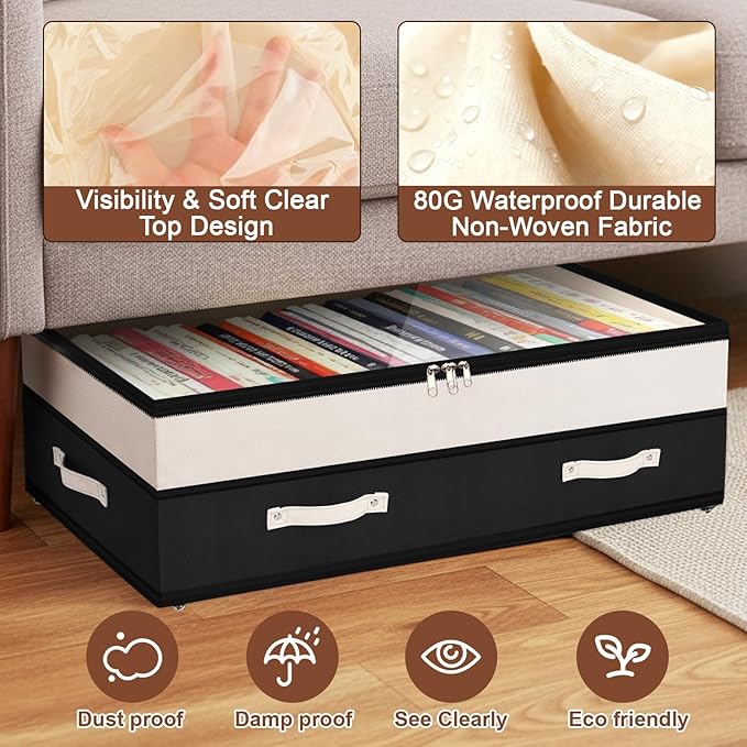 Dolicer 2 Pack Under Bed Storage with Wheels, 6in-10in Height Adjustable Underbed Storage Containers, 92L XXXL Under Bed Drawers Rolling Bin with Clear Lids for Dorm Shoes Clothes Organizers(Black)