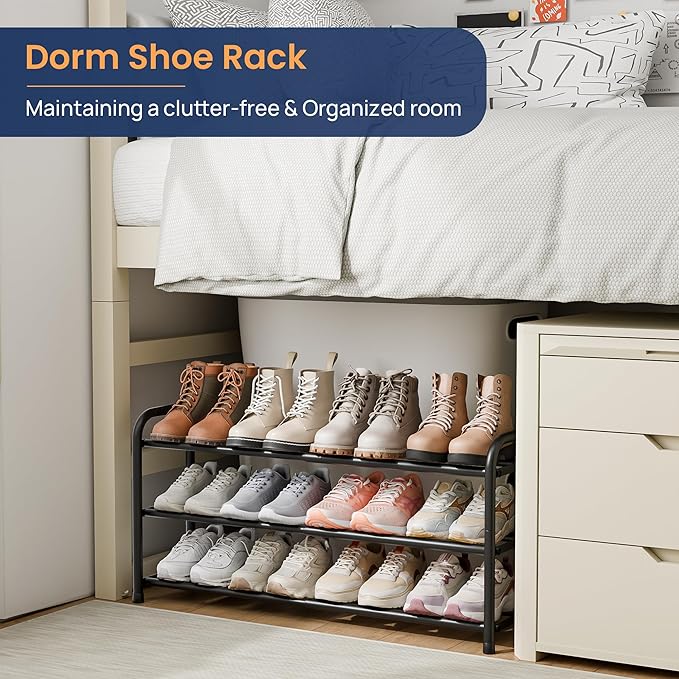 ENJOYBASICS 3 Tier Expandable Shoe Rack for Closet, Free Standing Metal Shoe Shelf Storage Organizer Holder 12 Pairs, Adjustable Width Shoe Rack for Entryway Small Space, Black | Adjustable