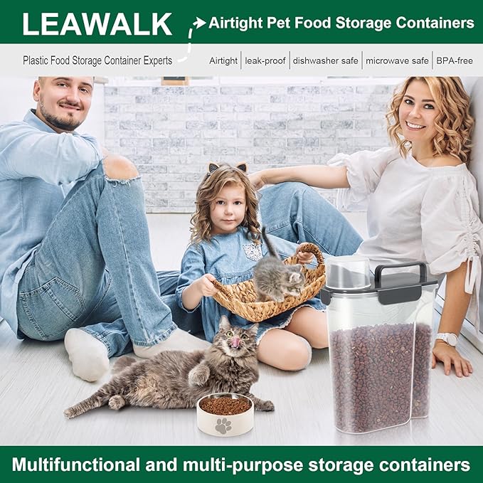 LEAWALK 5Lbs Airtight Cat Dog Food Storage Container with Upgraded Large Nozzle BPA-Free, Pet Food Storage Containers for Rice, Grain, Pet Food, Flour, Dog Treat Storage (Black×2, 5L-2pack)