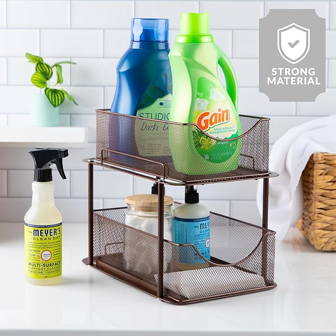 2 Tier Metal Under Sink Organizer for Bathroom, Kitchen, Brown