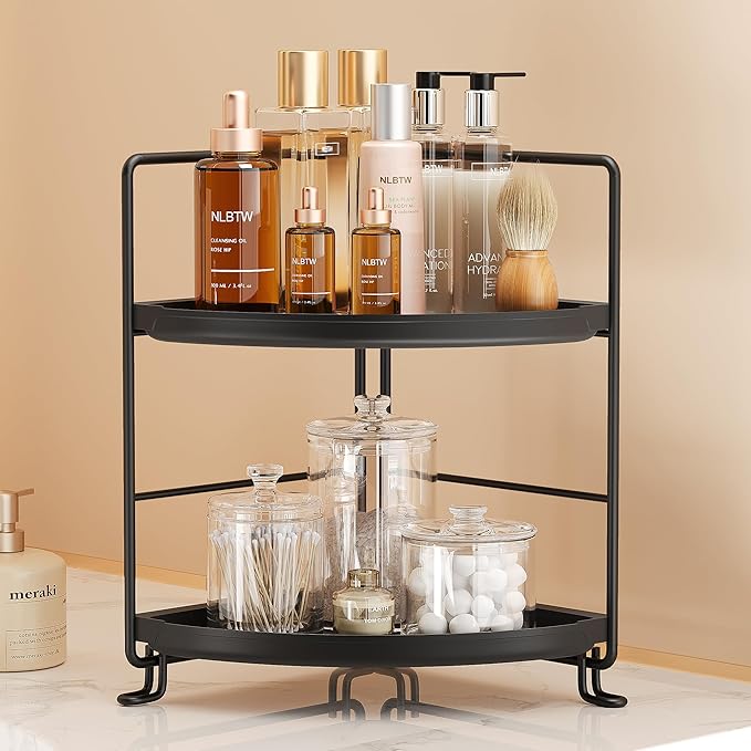 NLBTW 2 Tier Corner Bathroom Countertop Organizer, Tool-Less Installation Vanity Tray for Skincare Makeup Perfume Organizer, Small Plastics Counter Bathroom Storage and Organization (Black)