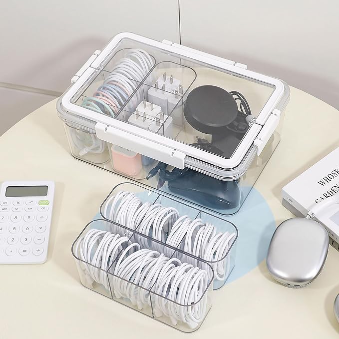 Large Cable Storage Box with Lid, Plastic Power Cords Organizer for Desk Drawer