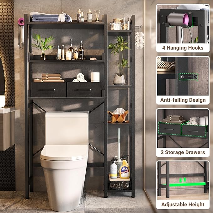 Besiost Over The Toilet Storage with 2 Drawers - 7 Tier Bathroom Organizer with Adjustable Shelf, Freestanding Space Saver Storage Rack Above Toilet Stand with 4 Hooks for Restroom, Laundry, Black
