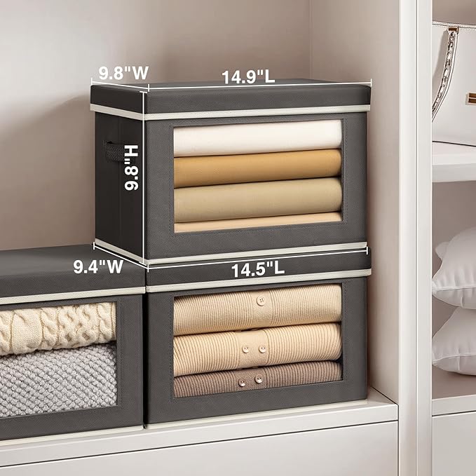 Homsorout Storage Bins with Lids - Fabric Storage Boxe with Window, Collapsible Closet Organizers with Handles, 3 Pack Decorative Bin, Home Cubes Baskets for Clothes, Hat, Books, Dark Grey