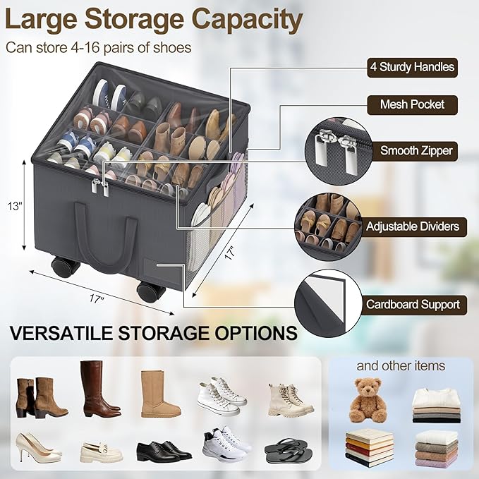 Large Shoe Organizer for Closet, Adjustable Dividers Shoe Storage Box Bins with Wheels Clear Cover Reinforced Handle Side Pocket Fits up to 16 Pairs, Foldable Shoe Organizer for Entryway Grey
