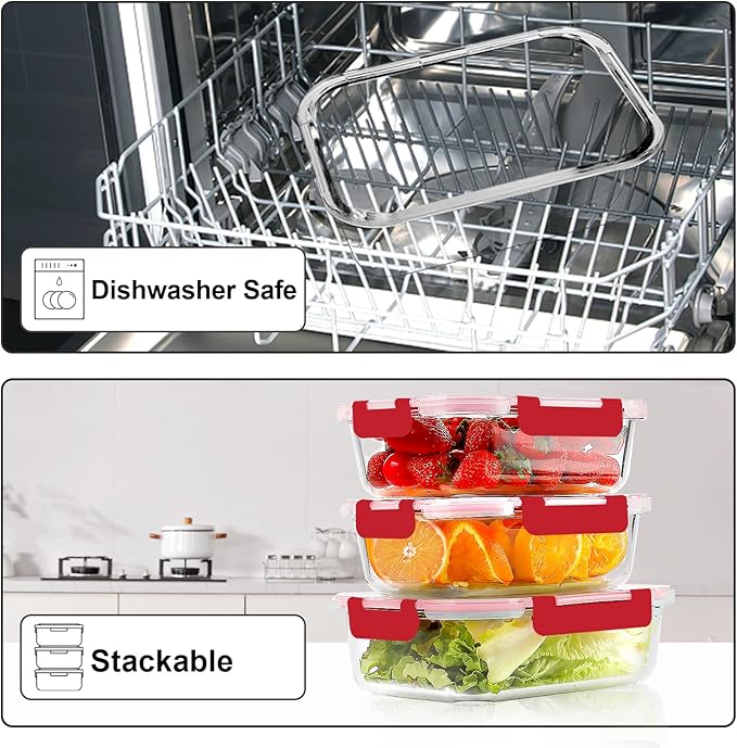 10 Pack 22 OZ Glass Meal Prep Containers, Red