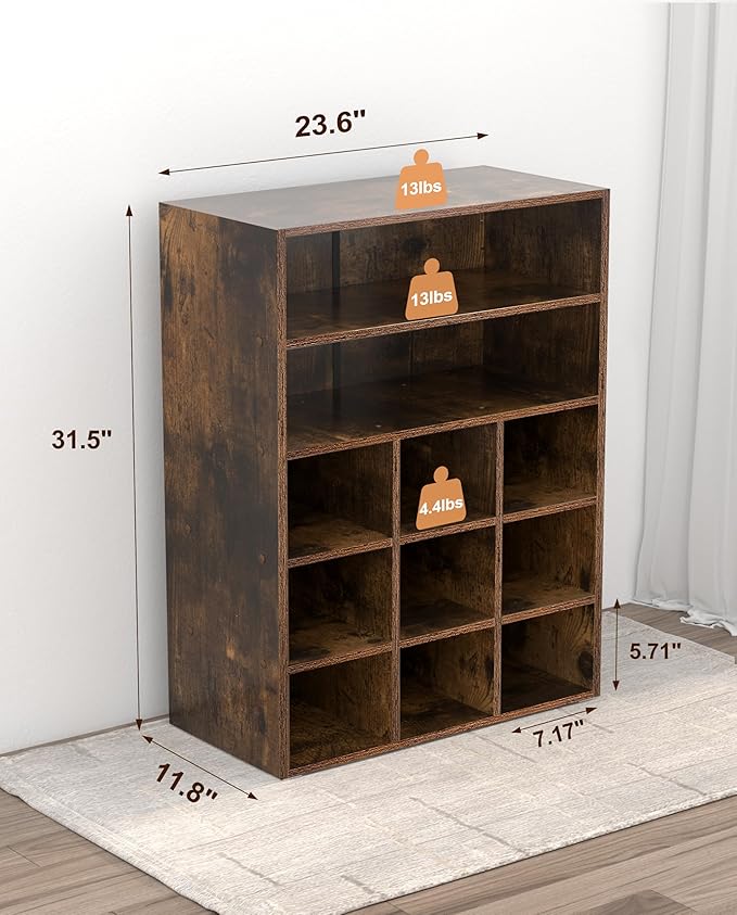 HAIOOU Shoe Rack, 9-Cube Stackable Wood Shoe Cubby Organizer 5-Tier Freestanding Wooden Shoe Stand with 2 Storage Shelf for 10-15 Pairs, Ideal for Apartment, Entryway, Closet Organization - Rustic