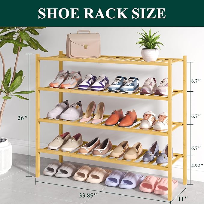 Smiry Bamboo Shoe Rack for Closet, 4 Tier Long Wooden Shoe Organizer, Stackable Wood Shoe Storage Shelf for Entryway, 14 Vertical Slats, 2+2 Stack Heavy-Duty Legs, 33.86"x11.02"x25.98", Natural