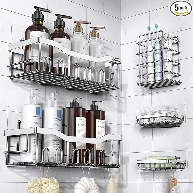 EUDELE 5-Pack Adhesive Shower Caddy Organizer, Large Capacity Rustproof Stainless Steel Shower Shelves, No Drill Bathroom Storage for Shower, Kitchen & Home Decor