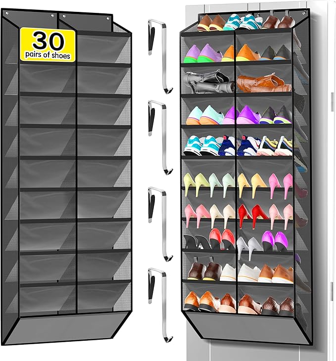 Kotkn 10-Tier Over the Door Shoe Organizer, 20 Pockets Holds 20-30 Pairs, Heavy-Duty Oxford Fabric with Hexagon Mesh for Boots & Sneakers-Dark Gray
