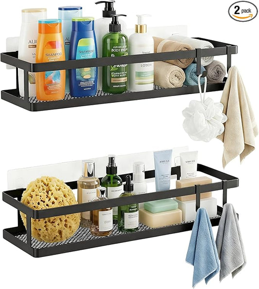 PUSDON 2-Pack 16.5" Extra Long Slim Shower Caddy, Adhesive Wall Mount Bathroom Organizer, Rustproof Open Frame Mesh Spice Rack for Kitchen, Holds 50LBS - Matte Black, Guardrail