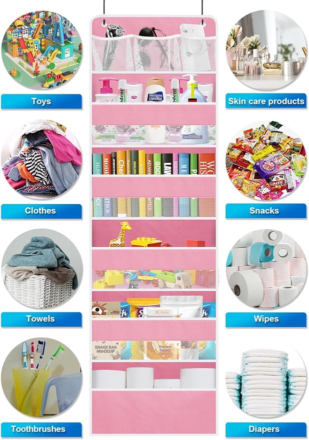 Over the Door Organizers Storage - 5 Shelf Hanging Storage shelves Door Organizer with Pockets, Anti Tilt 44 lb Load Behind Door Organizer for Bedroom,Nursery,Bathroom,Kitchen,Dorm,Shoe - 1 Pack, Pink