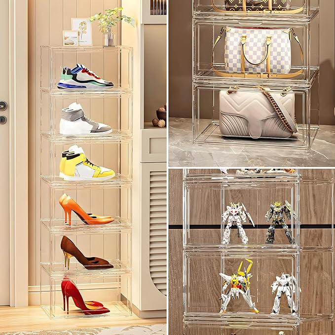 MMBABY 12 Pack Acrylic Clear Shoe Boxes– Ultra Clear Plastic Stackable Sneaker Storage For Sneakerhead. Professional Grade Shoe Display Case with Magnetic Door.Fits US Size 15