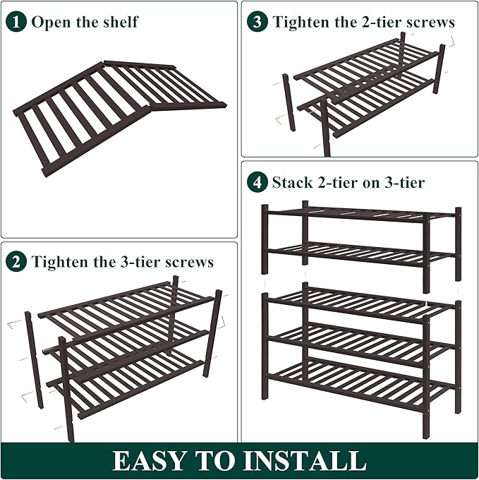 Smiry Bamboo Shoe Rack for Closet, 5 Tier Wooden Shoe Organizer, Stackable Wood Shoe Storage Shelf for Entryway, 14 Vertical Slats, 2+3 Stack Heavy-Duty Legs, 26.77"x11.02"x31.3", Brown