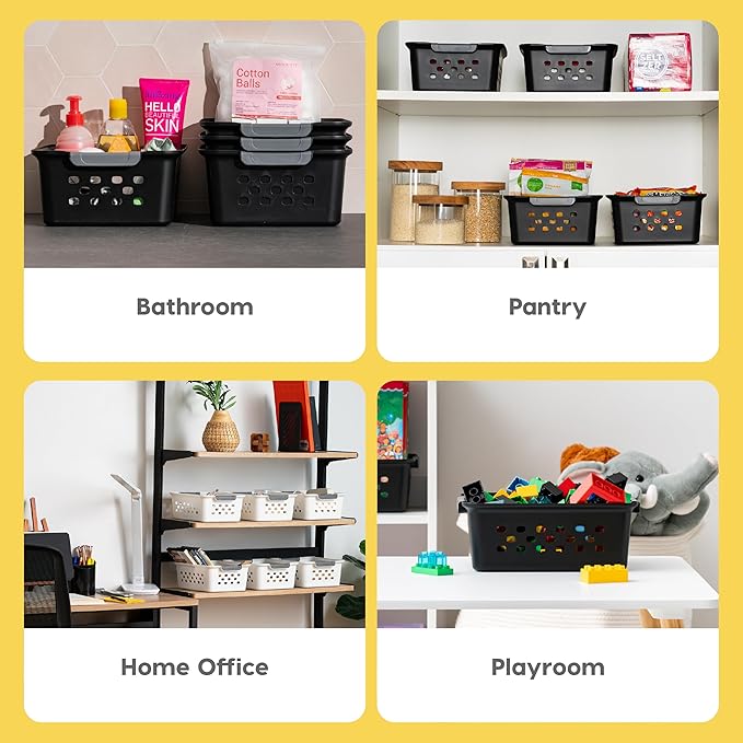 IRIS USA Plastic Storage Basket Bundle, Small - 12 Pack + Medium - 6 Pack, Shelf Basket Storage Organizer for Pantry, Cabinet, Bedroom, Closet, Laundry Room, Home Work Office, Craft Supplies, Black