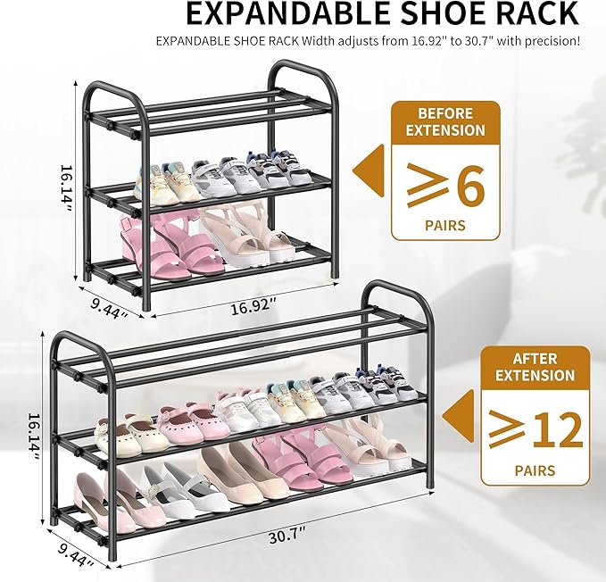 Hleelomi 3-Tier Expandable Shoe Rack,Adjustable Shoe Shelf Storage Organizer Heavy Duty Metal Free Standing Shoe Rack for Entryway, Closet,Living Room,Dorm,Black