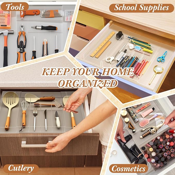 Teenyyou 1 Pack Expandable Kitchen Drawer Organizer Clear Acrylic Utensil Organizer Adjustable Acrylic Silverware Storage for Drawers Silverware Flatware Knives (12 x 16 Inches,6-8 Compartments)