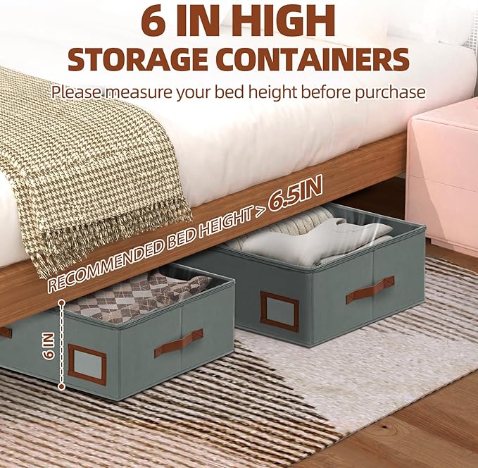 6 Inch Under Bed Storage Containers, 2 Pack Large Underbed Storage Bins w/Clear Lid & Sturdy Sidewall, Foldable Closet Organizer for Dorms, Bedroom, Clothes, Shoes, Bed Sheets, Blankets (Grey)
