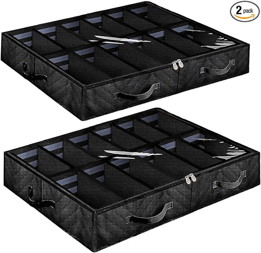 Under Bed Shoe Storage Organizer, Set of 2, Sturdy Structure, Black