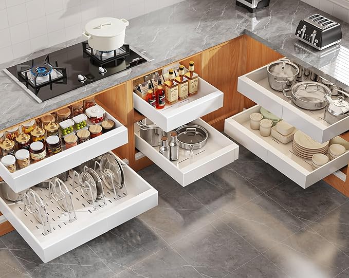 Seinloes 6Pack Expandable Pull Out Cabinet Organizer 21"Deep With Raising Pad for Framed Cabinets,Slide Out Drawers with 4pcs Divider Racks,Roll Out Shelves Adhesive,Adjustable Width 12.05"-20.4"White