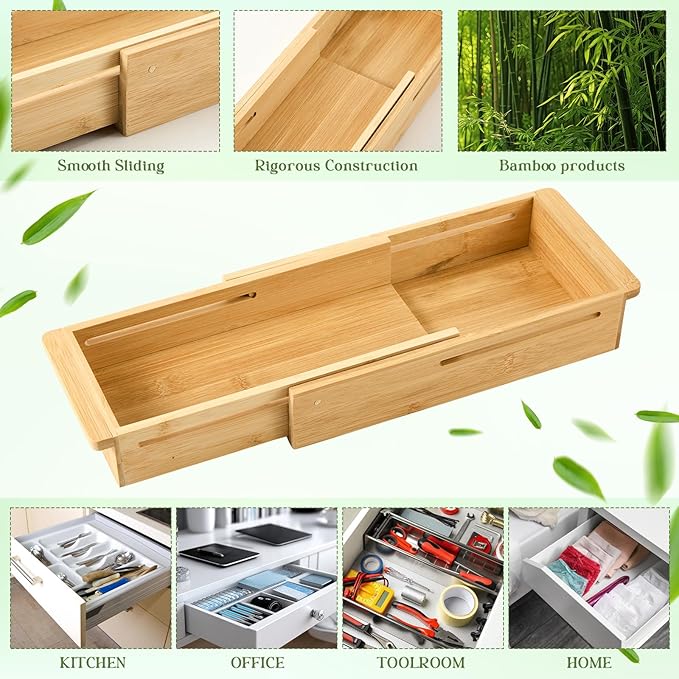 LemonRoad 1 Pcs Sliding Drawer Organizer Bin Bamboo Drawer Expandable Bins Utensil Organizer for Kitchen Spoons Forks Knives (Wood)