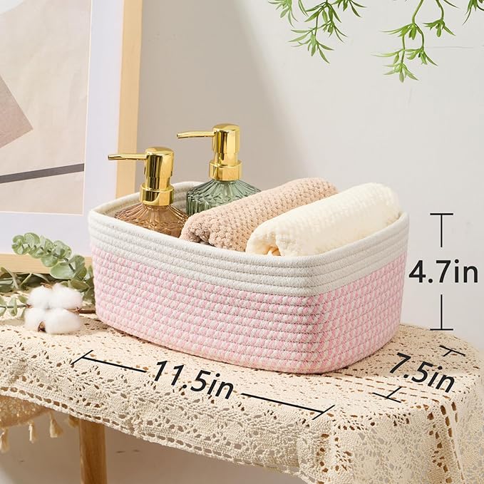 MiniArk Small Storage Baskets for Organizing | Closet Organizer Bins | Shelf Toy Basket | Woven Rope Baskets | Cube Decorative Box | Shallow Basket | 11.5x7.5x4.7” | 4 Packs White Pink