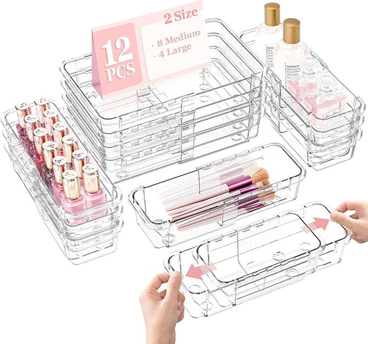 12 Pcs Clear Extendable Drawer Organizer