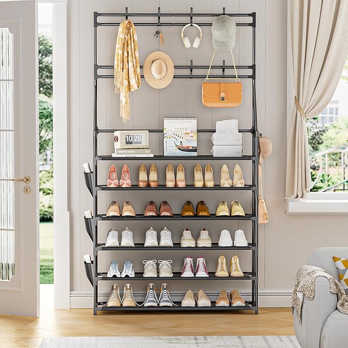OYREL Shoe Rack 6 Tier Shoes Organizer 24-30 Pairs Shoe Racks for Closet Front Door Entrance Large Capacity Space Saving Shoe Storage Organizer with Multifunctional 5 Hooks and Side Pocket
