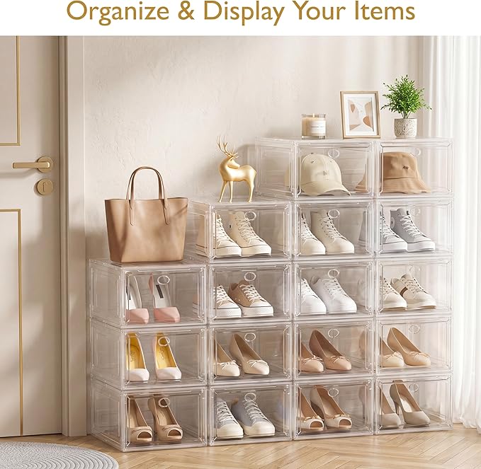 7 code Shoe Organizer, Clear Thickened Stackable Shoe Boxes with Magnetic Door