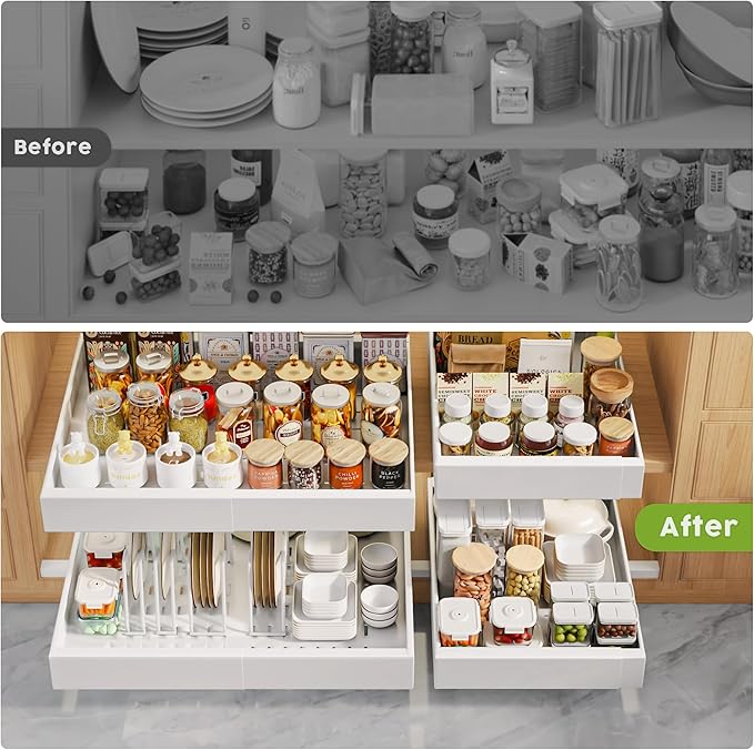 Seinloes 4Pack Expandable Pull Out Cabinet Organizer 21"Deep with Raising Pad for Framed Cabinets,Slide Out Drawers with 4pcs Divider Racks,Roll Out Shelves Adhesive,Adjustable Width 12.05"-20.4"White